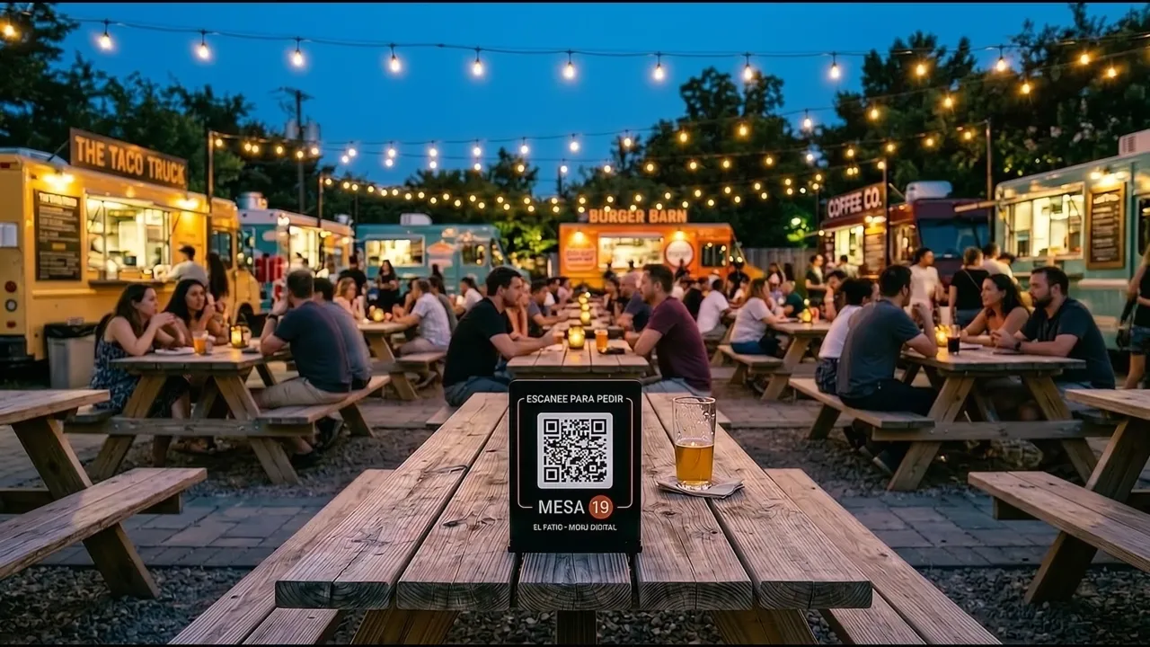 Secuencia animada del sistema el-menu: QR iluminado y proyección holográfica HUD